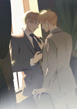 Rule 34 | 2boys, absurdres, ahoge, america (hetalia), axis powers hetalia, black-framed eyewear, black jacket, black necktie, black pants, blonde hair, bright pupils, buttons, chinese commentary, commentary request, cowboy shot, curtains, formal clothes, from behind, glasses, green eyes, green necktie, grey jacket, grey pants, hand up, highres, huacai, indoors, jacket, lapels, long sleeves, looking at another, male focus, multiple boys, necktie, open clothes, open jacket, open mouth, pants, pocket, semi-rimless eyewear, short hair, smile, standing, striped necktie, suit, suit jacket, teeth, united kingdom (hetalia), white pupils, window, yaoi