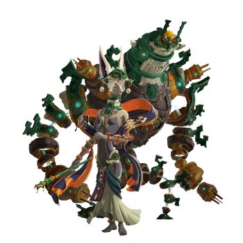 1girl absurdres animal_nose artist_request bare_shoulders barefoot blue_eyes body_fur breasts center_opening closed_mouth earrings eyeshadow feet female_focus full_body furry furry_female gem green_gemstone grey_fur hagoromo half-closed_eyes hand_up highres holding holding_scepter humanoid_robot hyrule_warriors:_age_of_imprisonment jewelry long_animal_ears looking_afar magatama makeup mask mask_on_head mineru&#039;s_construct mineru_(zelda) multiple_rings navel neck_ring nintendo official_art purple_eyeshadow purple_nails ring robot scepter shawl simple_background skirt small_breasts solo standing stomach strapless the_legend_of_zelda the_legend_of_zelda:_tears_of_the_kingdom third_eye toe_ring transparent_background white_skirt zonai