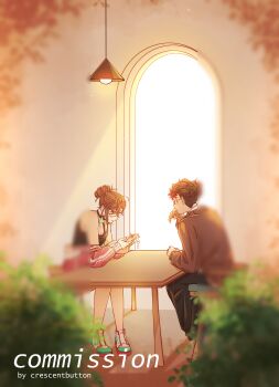 Rule 34 | 1boy, 1girl, absurdres, ayase momo, bare shoulders, black choker, black hair, black pants, black shirt, blurry, blurry foreground, breasts, brown eyes, brown hair, brown sweater, choker, cleavage, collared shirt, crescentbutton, dandadan, earrings, glasses, hair between eyes, hair bun, highres, holding, holding phone, jacket, jacket partially removed, jewelry, looking at another, medium breasts, medium hair, pants, phone, pink jacket, shirt, shirt under sweater, shoes, short hair, sitting, sweater, table, takakura ken (dandadan), updo, white shirt, white shoes