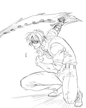 1boy absurdres arthropod_limbs beard_stubble belt buckle cigarette collared_shirt dress_shirt expressionless facial_hair fighting_stance from_side full_body glasses gregor_(project_moon) greyscale hair_between_eyes half-closed_eyes highres jitome kudomiya limbus_company lineart long_hair long_sleeves looking_ahead looking_to_the_side low_ponytail male_focus monochrome muscular muscular_male necktie pants parted_bangs parted_lips photoshop_(medium) ponytail project_moon sanpaku semi-rimless_eyewear serious shirt shoes simple_background sketch sleeves_rolled_up solo squatting stubble under-rim_eyewear vest white_background wing_collar