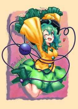 1girl arms_up black_hat blush boots breasts buttons carbohydrate_(asta4282) character_name commentary_request contrast_collar diamond_button eyeball fang floral_print frilled_shirt_collar frilled_sleeves frills green_boots green_eyes green_hair green_skirt hat hat_ribbon heart highres jumping koishi_day komeiji_koishi long_sleeves looking_at_viewer medium_breasts midair one_eye_closed open_mouth outstretched_arms paid_reward_available print_skirt ribbon rose_print shirt skin_fang skirt smile solo third_eye touhou wide_sleeves yellow_ribbon yellow_shirt