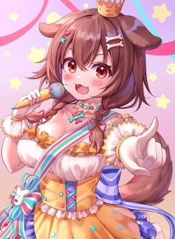 1girl absurdres alternate_costume animal_ears blush bone_hair_ornament braid breasts brown_eyes brown_hair choker cleavage crown deaver dog_ears dog_girl dog_tail fangs gloves hair_ornament hair_ribbon highres holding holding_microphone hololive inugami_korone inugami_korone_(saikyo_tensai_wonderful_world_of_korone) looking_at_viewer microphone open_mouth ribbon ribbon_braid solo tail twin_braids virtual_youtuber white_choker white_gloves