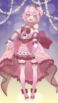 1girl :d ankle_strap assault_lily back_bow bare_shoulders bow breasts commentary_request detached_sleeves dress dress_bow earrings footwear_bow frilled_dress frilled_sleeves frilled_thighhighs frills full_body gloves gradient_background gradient_thighhighs hair_bow high-low_dress high-low_skirt highres hitotsuyanagi_riri jewelry kashiko_(kash1k0) layered_dress looking_at_viewer medium_breasts official_alternate_costume one_side_up open_mouth pink_bow pink_dress pink_eyes pink_hair pink_thighhighs purple_background red_bow see-through_clothes see-through_dress short-sleeved_sweater short_hair short_sleeves single_earring skirt_hold sleeveless sleeveless_dress smile solo standing striped_bow striped_clothes striped_thighhighs sweater thighhighs two-tone_dress vertical-striped_clothes vertical-striped_thighhighs white_background white_dress white_gloves wrist_bow yellow_background zettai_ryouiki