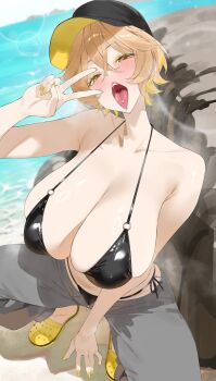 1girl baseball_cap beach bikini black_bikini blush breasts byeon_dha character_request cleavage collarbone copyright_request crocs hat highres huge_breasts looking_at_viewer nail_polish open_mouth pants piercing rock second-party_source shiny_skin short_hair side-tie_bikini_bottom solo squatting swimsuit tongue tongue_out tongue_piercing unzipped v virtual_youtuber yellow_eyes yellow_nails zipper zipper_pull_tab