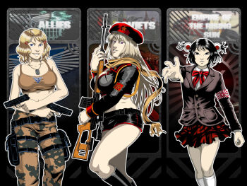 3girls america_(female)_(hetalia) america_(hetalia) armband axis_powers_hetalia beret black_hair blonde_hair breasts bullpup camouflage command_&amp;_conquer command_&amp;_conquer:_red_alert command_&amp;_conquer:_red_alert_3 cosplay crop_top dragunov_svd dual_wielding gender_request genderswap gun hammer_and_sickle handgun hat holding holster japan_(hetalia) large_breasts long_hair midriff multiple_girls natasha_volkova natasha_volkova_(cosplay) pistol red_alert_3 rifle russia_(hetalia) school_uniform serafuku shirakawako shirt short_hair sig_sauer sniper_rifle suppressor tank_top tanya_adams taut_clothes taut_shirt thigh_holster weapon yuriko_omega yuriko_omega_(cosplay)
