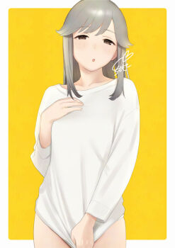 1girl blush border brown_eyes collarbone commentary_request cowboy_shot grey_hair hair_down heart kantai_collection long_hair long_sleeves looking_at_viewer naked_shirt open_mouth outside_border rounded_corners sakiecho shirt shirt_tug sidelocks signature simple_background solo standing swept_bangs usugumo_(kancolle) white_border white_shirt yellow_background