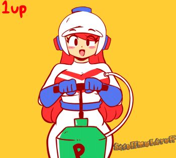 1girl 2020s 2022 animated animated_gif bandai_namco big_breasts black_eyes blush breast_expansion breasts dig_dug female_focus genderbent genderswap genderswap_(mtf) huge_breasts inflation large_breasts mr._driller namco open_mouth scruffmuhgruff solo taizo_hori thick_thighs thighs torn_clothes watermark wide_hips