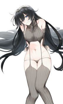 1girl absurdres black_hair blue_eyes breasts cropped_sweater detached_sleeves feet_out_of_frame garter_belt grey_panties grey_sleeves grey_sweater grey_thighhighs highres indie_virtual_youtuber long_hair long_sleeves looking_at_viewer medium_breasts micro_panties navel panties seol_(teacuppity)_(vtuber) simple_background sleeveless sleeveless_sweater smile solo sweater thighhighs tsu_(lovesick1964) turtleneck turtleneck_sweater underwear very_long_hair virtual_youtuber white_background