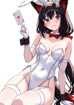 1girl absurdres ace_(playing_card) ace_of_hearts animal_ear_hairband animal_ears black_hair black_wrist_cuffs bow bowtie breasts card closed_eyes commentary_request daelriibres fake_animal_ears fox_ears fox_tail garter_straps gloves hairband heart highleg highleg_leotard highres holding holding_card hololive kurokami_fubuki leotard long_hair looking_at_viewer low_ponytail medium_breasts playboy_bunny playing_card ponytail rabbit_ears rabbit_tail red_bow red_bowtie red_eyes side-tie_leotard simple_background sitting solo strapless strapless_leotard tail thighhighs white_background white_gloves white_leotard white_thighhighs wrist_cuffs
