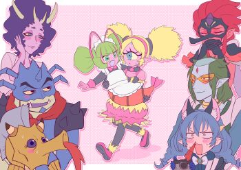 3boys 5girls :3 animal_ears antennae apron asdge23 bakenyan_(precure) bakenyan_(precure)_(cosplay) balding bare_shoulders bindi black_dress black_eyes black_gloves black_legwear blonde_hair blood blue_eyes blue_gloves blue_hair blue_lips blue_skin blush blush_stickers bodysuit border bow bowtie braid bubble_skirt butler butler_(precure) camera cape carrying cat_ears cat_girl chongire closed_eyes colored_sclera colored_skin commentary_request constricted_pupils cosplay covering_own_mouth crab crossdressing cyclops doctor dress elbow_gloves excited eyeshadow eyewon_(precure) facepaint fake_antennae fang fangs female_pervert fish formal_clothes frilled_apron frills full-face_blush fur_choker gem_(symbol) glasses gloves green_eyes green_hair hairband half-closed_eyes hand_on_own_cheek hand_on_own_face holding holding_camera horns in-franchise_crossover kappard_(precure) lab_coat lipstick long_hair looking_at_another looking_to_the_side low-tied_long_hair low_twintails maid maid_apron maid_headdress makeup mask monster_boy monster_girl multicolored_hair multiple_boys multiple_girls no_antennae no_nose no_sclera nosebleed numeri_(precure) one-eyed open_mouth orange-tinted_eyewear outside_border pantyhose pervert pink_background pink_hair pink_hairband pink_shoes pink_skin pointy_ears polka_dot polka_dot_background precure princess_carry purple_cape purple_eyes purple_lips purple_skin red_eyes red_hair red_scarf red_skin reverse_trap rimless_eyewear scarf seahorse shoes shoulder_pads shrimp single-lens_reflex_camera single_horn skirt slit_pupils slug_girl star_twinkle_precure streaked_hair sunglasses sweatdrop tengu_mask tinted_eyewear tropical-rouge!_precure twin_braids twintails walking wavy_hair white_apron white_border white_headwear white_neckwear yellow_sclera yuni_(precure)