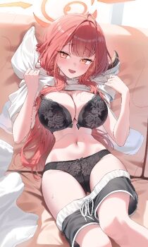 1girl aru_(blue_archive) black_bra black_panties blue_archive blush bra breasts cleavage clothes_pull commentary dated_commentary demon_girl demon_horns dolphin_shorts front-fastening_bra front-hook_bra halo horns large_breasts long_hair looking_at_viewer midriff navel orange_eyes orange_halo panties red_hair sgholln shorts shorts_pull solo underwear very_long_hair