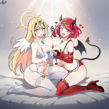 2girls angel angel_and_devil angel_girl angel_wings ass blonde_hair bra breast_press breasts chest_jewel demon demon_girl demon_horns demon_tail dual_persona elbow_gloves female_focus garter_belt garter_straps gloves halo heart heart_hands heart_hands_duo high_heels highres horns jarckius kneeling lace lace-trimmed_thighhighs lace_trim large_breasts lingerie long_hair matching_hair/eyes multiple_girls mythra_(xenoblade) paid_reward_available panties pyra_(xenoblade) red_bra red_eyes red_footwear red_gloves red_hair red_panties short_hair symmetrical_docking tail thighhighs tiara underwear white_bra white_footwear white_gloves white_panties wings xenoblade_chronicles_(series) xenoblade_chronicles_2 yuri