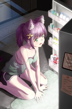 1girl absurdres all_fours animal_ear_fluff animal_ears artist_name black_shorts bottle breasts camisole cat_ears cat_girl cat_tail cleavage cola collarbone commentary_request dated dolphin_shorts feet_out_of_frame flower fluno green_camisole green_eyes highres indoors ketchup_bottle lower_teeth_only medium_hair open_mouth original oven ponytail purple_hair refrigerator shorts sidelocks sitting small_breasts solo sticky_note strap_slip tail teeth wariza water_bottle yellow_flower