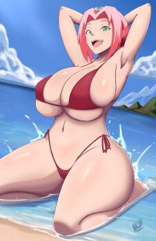 1girl alternate_breast_size_(larger) armpits arms_behind_head arms_up artist_name barefoot beach bikini blue_sky breasts day eyelashes female_focus full_body gigantic_breasts green_eyes haruno_sakura looking_at_viewer medium_hair naruto_(series) naruto_shippuuden navel nightmare_hdraw ocean outdoors pink_hair red_bikini sand side-tie_bikini_bottom sitting sky solo swimsuit teeth tongue water wide_hips