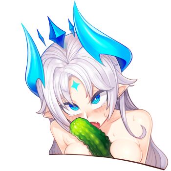 1girl 3gs absurdres between_breasts blush breasts collarbone crown cucumber elsword fang highres horns ishtar_(elsword) long_hair luciela_r._sourcream pointy_ears sexually_suggestive sweat symbol tears topless_female white_hair