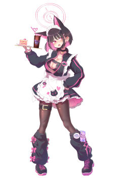 02milos02 absurdres animal_ears apron back_bow belt belt_buckle black_belt black_choker black_hair black_jacket black_leg_warmers black_mask black_pantyhose black_skirt blue_archive bow breast_cutouts breasts buckle cake cat_cutout cat_ears choker cleavage_cutout clenched_hand clothing_cutout collarbone colored_inner_animal_ears colored_inner_hair commentary_request crazy_straw drink drinking_straw food frilled_apron frilled_skirt frills glowing glowing_halo halo hand_on_own_hip hand_up head_tilt heart_straw highres holding holding_tray jacket jersey_maid kazusa_(blue_archive) leg_warmers legs_apart looking_to_the_side loose_socks maid maid_apron maid_headdress mask mask_pull multicolored_hair open_clothes open_jacket open_mouth over-kneehighs pantyhose pink_bow pink_hair pink_halo plate red_eyes shoes sideways_glance simple_background skirt sneakers socks spaghetti_strap standing strawberry_cake thigh_belt thigh_strap thighhighs track_jacket tray two-sided_fabric two-sided_jacket two-sided_skirt two-tone_hair unconventional_maid waist_apron white_apron white_background white_bow