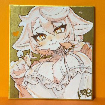 1boy ahoge animal_ears animal_hands animal_nose blush bow bowtie breasts closed_mouth clothing_cutout collar dandelion flower fox_ears frilled_collar frills furry furry_male gold_background heart_cutout highres holding holding_stick large_breasts male_focus marker medium_hair messy_hair nashinoro_kikuri neck_ribbon niisha_(nashinoro_kikuri) orange_background orange_eyes original photo_background plant ribbon shikishi smirk snout solo stick symbol-shaped_pupils traditional_media trap upper_body white_bow white_bowtie white_fur white_hair x-shaped_pupils