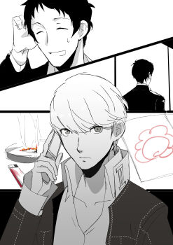 Rule 34 | 2boys, absurdres, adachi tooru, ajirostudio, cellphone, closed eyes, closed mouth, collared shirt, commentary request, fire, flip phone, greyscale, highres, holding, holding phone, jacket, lighter, long sleeves, looking at viewer, male focus, monochrome, multiple boys, narukami yu, open clothes, open jacket, open mouth, persona, persona 4, phone, school uniform, shirt, short hair, smile, spot color, upper body, yasogami school uniform