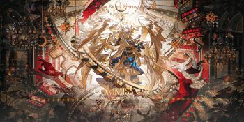 1girl absurdres beads bird chandelier chromatic_aberration closed_mouth commission covered_eyes doll_joints dove dress feathered_wings flower full_body gears head_wings highres holding holding_staff jewelry joints long_hair mihuashi_commission multiple_wings necklace original plant smile solo staff watermark white_bird white_hair white_wings wings yan_zi_yao_yu