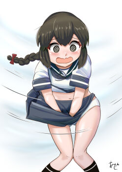 1girl @_@ akashieru black_hair blue_sailor_collar blue_skirt braid brown_eyes feet_out_of_frame gluteal_fold highres isonami_(kancolle) kantai_collection knees_together_feet_apart one-hour_drawing_challenge open_mouth panties pleated_skirt sailor_collar sailor_shirt school_uniform serafuku shirt simple_background single_braid skirt skirt_hold solo underwear wavy_mouth white_background white_panties white_shirt wind wind_lift
