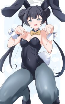 Rule 34 | 1girl, animal ears, black hair, black leotard, black pantyhose, black shoes, blue archive, blue background, border, bow, bowtie, breasts, commentary request, covered navel, detached sleeves, double bun, grey eyes, grey halo, hair bun, halo, highres, kirisaki reina, kisaki (blue archive), kneeling, leotard, long hair, open mouth, pantyhose, rabbit ears, rabbit tail, shoes, sidelocks, simple background, small breasts, smile, solo, tail, twintails, white border, wrist cuffs, yellow bow, yellow bowtie