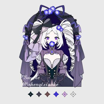 1girl absurdres artist_name beads black_bow black_hat black_vest blue_flower bow brooch buttons chinese_commentary cleavage_cutout clothing_cutout commentary_request commission cropped_legs cross-laced_clothes cross-laced_top dress dress_ribbon drill_hair endoftheworld600 expressionless eyelashes eyes_visible_through_hair flat_chest flat_color flower flower_in_mouth frilled_sleeves frills gem gold_buttons grey_background grey_shirt hair_beads hair_bow hair_flower hair_ornament hat highres jewelry juliet_sleeves layered_sleeves long_hair long_sleeves looking_at_viewer neck_ribbon original pale_skin pansy puffy_sleeves purple_bow purple_dress purple_eyes purple_gemstone purple_ribbon purple_veil ribbon sample_watermark shirt shirt_under_dress simple_background sleeve_bow solo standing straight-on striped_clothes striped_vest thick_eyebrows turtleneck turtleneck_dress twin_drills twintails veil vertical-striped_clothes vertical-striped_vest very_long_hair vest watermark white_hair witch witch_hat