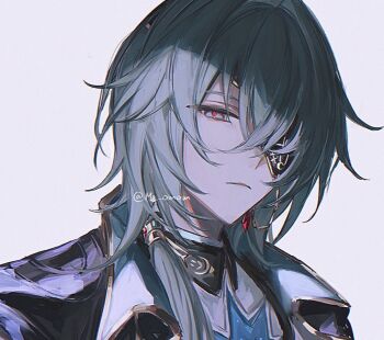 1boy anaxa_(honkai:_star_rail) aqua_hair black_jacket blue_eyes chain closed_mouth earrings eyepatch gem hair_between_eyes hair_intakes highres honkai:_star_rail honkai_(series) jacket jewelry lapels looking_at_viewer male_focus mandarin_collar medium_hair mg_omom notched_lapels one_eye_covered pink_pupils red_gem shirt side_ponytail simple_background single_earring solo twitter_username white_background white_shirt