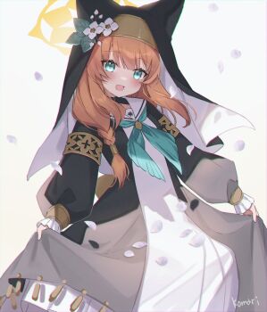 Rule 34 | 1girl, :d, animal ear headwear, animal ears, armband, artist name, blue archive, blue eyes, blue neckerchief, blush, braid, clothes lift, dress, dress lift, fake animal ears, falling petals, flower, frilled sleeves, frills, habit, hair tubes, halo, hat, hat flower, highres, long hair, looking at viewer, mari (blue archive), neckerchief, nun, open mouth, orange hair, petals, puffy sleeves, saiki komari, sailor collar, simple background, single braid, skirt hold, smile, solo, tassel, white background, white sailor collar