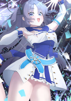 1girl absurdres armpits blue_archive blue_eyes breasts cowboy_shot halo highres idol kumakono looking_at_viewer medium_breasts mischievous_straight_uniform_(blue_archive) official_alternate_costume smile thigh_gap twintails yuuka_(blue_archive)