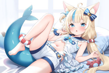 1girl ahoge animal_ear_fluff animal_ears ankle_bow ankle_ribbon bed bedroom bikini bikini_under_clothes blonde_hair blue_bikini blue_bow blue_hair blue_nails blue_scrunchie blunt_bangs blush bow crab dot_nose dress fang fins fish_girl fish_tail hair_bow highres indie_virtual_youtuber kaniki_(sameko_saba) leg_ribbon lifebuoy_hair_ornament lokyin_house long_hair looking_at_viewer low_twintails lying multicolored_hair nail_polish on_back one_side_up pillow ribbon sailor_dress sameko_saba sameko_saba_(1st_costume) sandals scrunchie shorts spread_legs streaked_hair striped_bikini striped_clothes swimsuit tail twintails very_long_hair virtual_youtuber white_dress white_shorts window wrist_scrunchie
