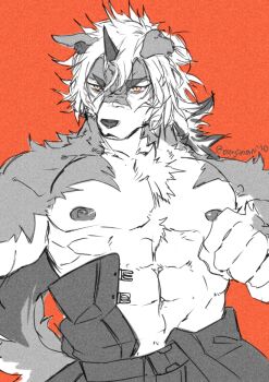 1boy abs arknights bara clenched_hand closed_mouth commentary english_commentary furry furry_male greyscale greyscale_with_colored_background horns hung_(arknights) komainu_boy komainu_ears komainu_tail male_focus monochrome muscular muscular_male nipples orange_background orenjimaru pectorals single_horn topless_male