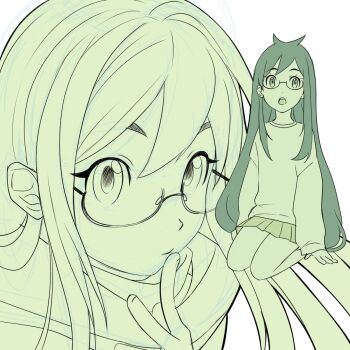 1girl black-framed_eyewear black_hair glasses god_tier_(homestuck) green_eyes green_shirt highres homestuck jade_harley long_hair looking_at_viewer on_floor open_mouth shirt simple_background skirt white_background