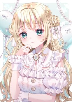 1girl :3 azarashi6 blonde_hair blush bow braid braided_bun brooch commentary detached_collar detached_sleeves frilled_shirt_collar frills green_eyes hair_between_eyes hair_bun hand_on_own_chin highres jewelry long_hair looking_at_viewer original puffy_short_sleeves puffy_sleeves short_sleeves side_braid solo stroking_own_chin symbol-only_commentary two_side_up upper_body white_bow wrist_cuffs