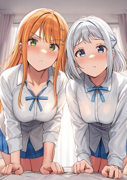 2girls :t blue_eyes blue_ribbon blue_skirt breasts closed_mouth collared_shirt commentary_request gakuen_idolmaster green_eyes highres idolmaster katsuragi_lilja large_breasts long_hair long_sleeves multiple_girls neck_ribbon orange_hair pout ribbon school_uniform shiitake_taishi shirt shiun_sumika short_hair skirt thighs variant_set white_hair white_shirt