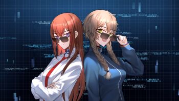 Rule 34 | 2girls, amane suzuha, arm belt, belt, blue jacket, braid, breasts, brown hair, closed mouth, collared shirt, commentary request, hair between eyes, hair over shoulder, highres, jacket, lab coat, long hair, makise kurisu, multiple girls, necktie, open mouth, purple eyes, purple trim, red necktie, science adventure, shirase rin, shirt, small breasts, smile, steins;gate, sunglasses, teeth, tongue, track jacket, twin braids, upper teeth only, white belt, white shirt, yellow eyes