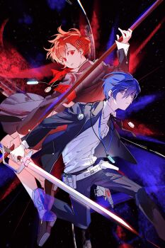 Rule 34 | 1boy, 1girl, absurdres, armband, back-to-back, black background, black jacket, black pants, black ribbon, black shoes, black skirt, blue eyes, blue hair, bow, bowtie, clar sona, closed mouth, digital walkman, dress shirt, earphones removed, evoker, gekkoukan high school uniform, gun, hair between eyes, hair ornament, hairclip, highres, holding, holding behind back, holding gun, holding sword, holding weapon, holding weapon behind back, holster, jacket, long sleeves, looking at another, mp3 player, pants, parted lips, persona, persona 3, persona 3 portable, red armband, red bow, red bowtie, red eyes, red hair, ribbon, s.e.e.s, school uniform, shiomi kotone, shirt, shoes, short hair, skirt, sword, walkman nw-s203f, weapon, white shirt, yuuki makoto (persona 3)