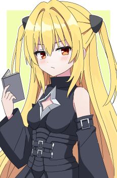 1girl bare_shoulders black_dress black_sleeves blonde_hair blush border breasts closed_mouth commentary_request detached_sleeves dot_nose dress green_background hair_between_eyes highres holding holding_notebook kaie konjiki_no_yami long_hair long_sleeves looking_at_viewer notebook outline outside_border red_eyes simple_background sleeveless sleeveless_dress small_breasts solo to_love-ru two_side_up upper_body very_long_hair white_border white_outline