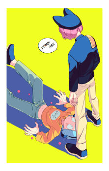 Rule 34 | 2boys, absurdres, animal ears, animal hat, black eyes, blue hair, cat hat, comic panel redraw, derivative work, english text, facial mark, fake animal ears, hat, highres, looking at another, lying, male focus, multiple boys, neko oven, nyen (randal's friends), nyon (randal's friends), on back, pink hair, randal's friends, shadow, shirt, short hair, simple background, sweat, sweater, turtleneck, turtleneck sweater, whisker markings, yellow background, yellow shirt