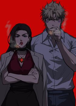 Rule 34 | 1boy, 1girl, alternate costume, alternate universe, battle tendency, black choker, black hair, black skirt, blonde hair, blue eyes, breasts, caesar anthonio zeppeli, choker, cigarette, cleavage, coat, coat on shoulders, collared shirt, crossed arms, earrings, facial mark, green eyes, grey coat, grey shirt, highres, holding, holding cigarette, jacket, jewelry, jjjjosong, jojo no kimyou na bouken, lisa lisa, long hair, makeup, medium breasts, necklace, red background, red lips, red shirt, red stone of aja, shirt, skirt, smoke, smoking, teacher and student