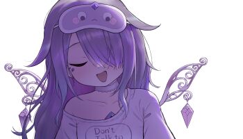 Rule 34 | 1girl, choker, closed mouth, gem, hair over one eye, highres, hololive, hololive english, jewel under eye, koseki bijou, koseki bijou (pebble pajamas), lace-trimmed choker, lace trim, long hair, mask, mask on head, metal wings, open mouth, purple gem, purple hair, sanwanton, shirt, sleep mask, solo, transparent background, virtual youtuber, white choker, white shirt