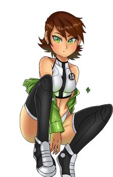 1girl absurdres ben_10 ben_tennyson breasts cartoon_network commentary cropped_shirt darkfang100 english_commentary genderswap green_eyes green_jacket hand_between_thighs highres jacket looking_to_the_side makeup panties shoes sitting sneakers underwear white_background white_panties