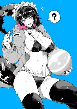 1girl ? alternate_costume ball beachball bikini black_bikini black_hair black_thighhighs blue_background breasts cleavage collarbone colored_inner_hair commentary_request ellen_joe fins fish_tail greyscale_with_colored_background highres holding holding_ball holding_beachball jacket large_breasts maid_headdress multicolored_hair notice_lines open_mouth razor_blade_hair_ornament red_eyes scar scar_on_tail shark_girl shark_tail sharp_teeth short_hair simple_background solo spoken_question_mark spot_color swimsuit tail teeth thighhighs wet yotsumi_shiro zenless_zone_zero