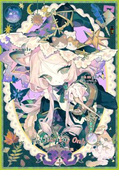 1girl animal animal_ears animal_ornament black_dress blonde_hair cat cat_ears dress green_eyes hat highres holding holding_wand lace_trim leaf long_sleeves nailiu_mashu neck_ribbon original portrait ribbon solo star_(symbol) wand witch_hat