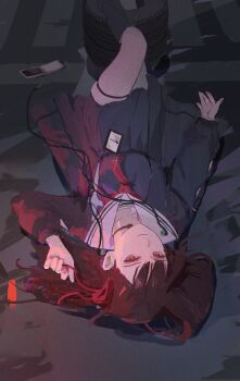 1girl absurdres black_choker black_hair black_serafuku black_shirt black_skirt breasts cellphone chisa_(wuthering_waves) choker closed_mouth commentary flip_phone hair_ribbon hand_up highres id_card long_hair looking_at_viewer lying medium_breasts neckerchief on_back phone red_eyes red_neckerchief red_ribbon ribbon sailor_collar school_uniform serafuku shirt skirt solo white_sailor_collar wuthering_waves yoswr