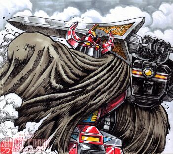 armor daizyuzin gattai highres holding holding_sword holding_weapon horns kyouryuu_sentai_zyuranger machine matt_frank mecha no.1_sentai_gozyuger no_humans robot super_robot super_sentai sword tokusatsu weapon yellow_eyes