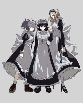 Rule 34 | 3girls, apron, aquiline nose, black footwear, black hair, blonde hair, brown eyes, commentary, glasses, grey background, gun, hair between eyes, hand up, high heels, high ponytail, highres, holding, holding gun, holding weapon, hunter x hunter, kasukasugom1, looking at viewer, machi komacine, maid, maid apron, maid headdress, multiple girls, nose, pakunoda, ponytail, purple hair, red-framed eyewear, shizuku murasaki, spiked hair, symbol-only commentary, weapon, yellow eyes