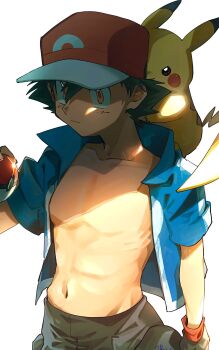 1boy ash_ketchum black_hair collared_shirt gen_1_pokemon hat male_focus nintendo omotikonetemasu open_clothes open_shirt pikachu poke_ball pokemon pokemon_(anime) shirt solo white_background