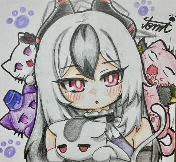 1girl absurdres black_hair blue_archive cat commentary_request highres kayoko_(blue_archive) red_eyes shikishi tomimon traditional_media