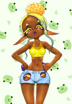 1girl animal_background blonde_hair blue_hair breasts chinese_commentary cleavage colored_eyelashes colored_tongue cowboy_shot cropped_shirt cross-shaped_pupils cutoffs dark-skinned_female dark_skin denim denim_shorts earrings exposed_pocket fangs frog frye_(splatoon) gradient_hair hair_ornament hands_on_own_hips highres inkling jewelry koharu2.5 long_hair looking_at_viewer lowleg lowleg_panties medium_breasts multicolored_hair multiple_earrings narrow_waist navel nintendo open_mouth panties pointy_ears pointy_nose polka_dot polka_dot_hair pom_pom_(clothes) pom_pom_hair_ornament purple_mouth purple_tongue shorts splatoon_(series) symbol-shaped_pupils tank_top tentacle_hair thick_eyebrows underwear uvula white_background wide_hips yellow_eyes yellow_panties yellow_pupils yellow_tank_top