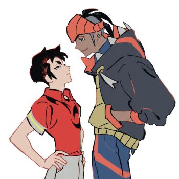 2boys aged_down aqua_eyes black_hair closed_mouth collared_shirt commentary cowboy_shot dark-skinned_male dark_skin drawstring earrings eye_contact grey_hair haaa_om007ls hands_in_pockets hands_on_own_hips headband highres hood hoodie jewelry kabu_(pokemon) long_sleeves looking_at_another looking_down looking_up male_focus mohawk multicolored_hair multiple_boys nintendo orange_headband piercing pokemon pokemon_swsh profile raihan_(pokemon) red_shirt shirt short_sleeves shorts smile standing stud_earrings two-tone_hair white_shorts wing_collar